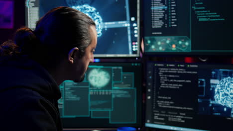 hacker using ai machine learning on computer to produce malware corrupting data