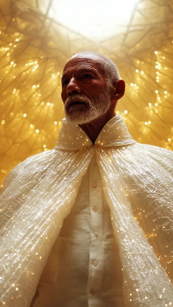 An elderly man adorned in a shimmering cape stands confidently beneath a radiant ceiling of lights, creating a serene and enchanting atmosphere of wisdom and grace