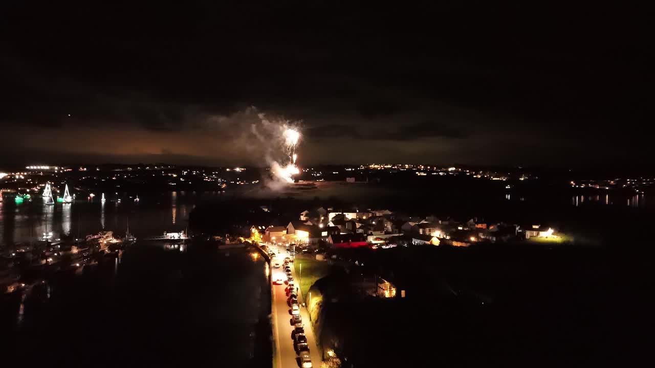 Kinsale night drone flight with fireworks and marine parade. Ireland St. Patrick's day