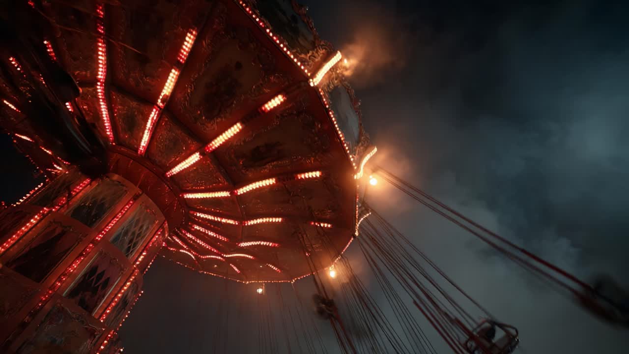 A Dramatic Night View of a Thrilling Swing Ride with Glowing Lights Under a Cloudy Sky, Capturing the Essence of Fun and Adventure at an Amusement Park