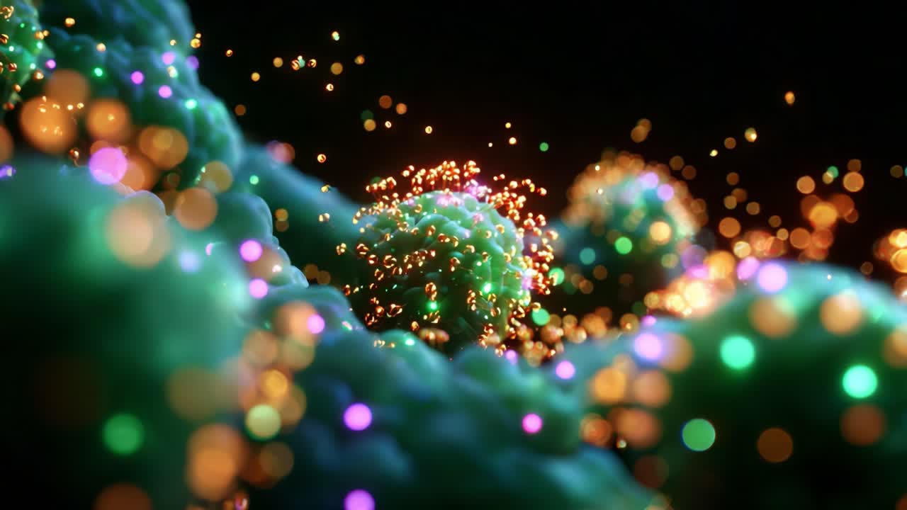Vibrant Microbial Landscape: A Stunning Visualization of Colorful Microbes Interacting in a Dynamic Environment, Showcasing an Array of Fluorescent Particles and Cellular Structures in a Lively Atmosphere
