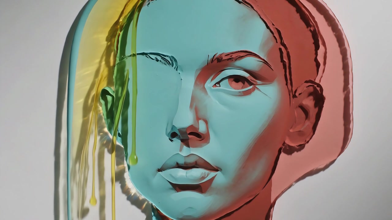 Dripping from top-left yellow-green gel flowing over stylized sculpted head on set making contrast