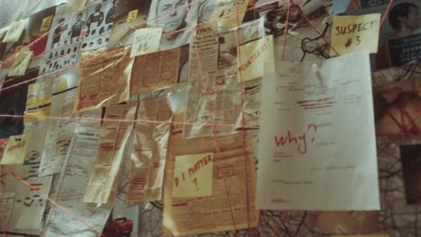 crime investigation materials sticked to evidence board