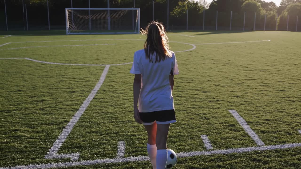 Backlit video still of a female soccer player on a field at sunset, captured from a low angle