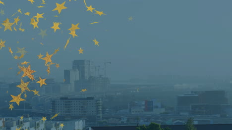 yellow stars animation floating over cityscape with buildings and cranes