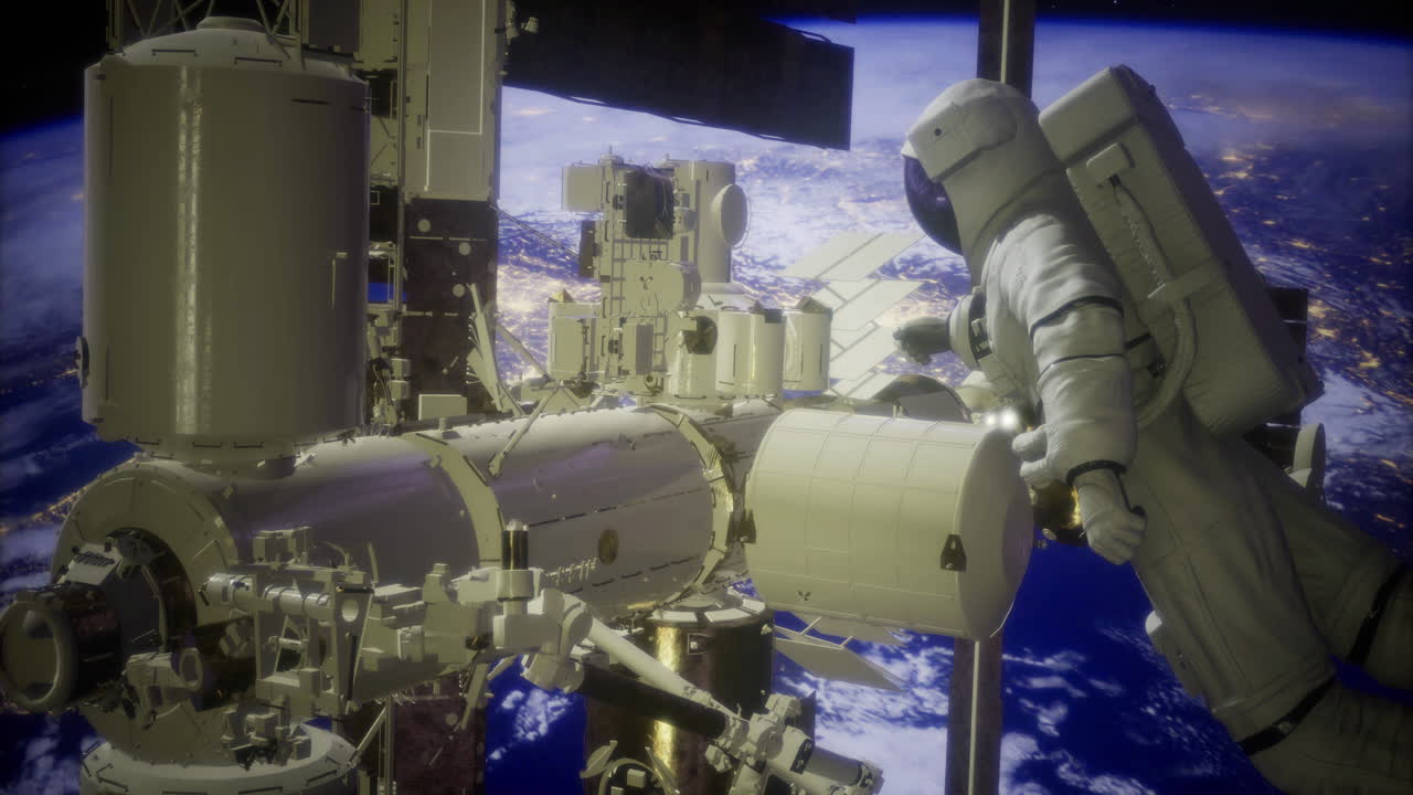 Astronaut conducts repair work on space station above earth at night