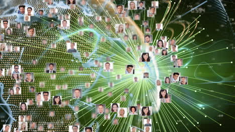 conexiones de red y animación de procesamiento de datos sobre imágenes de perfil de diversas personas