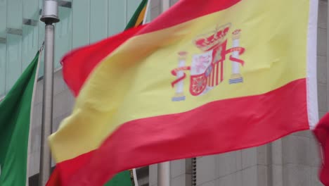 banderas nacionales de suiza, españa, sudáfrica y arabia saudita se ven ondeando en el viento en hong kong