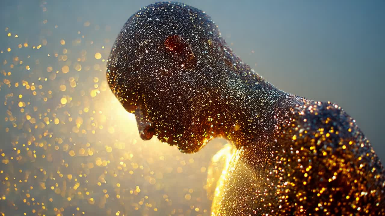 A mesmerizing depiction of a figure adorned with shimmering glitter, captured in a moment of tranquility as golden sparks dance around them, creating an ethereal and magical atmosphere full of light and reflection