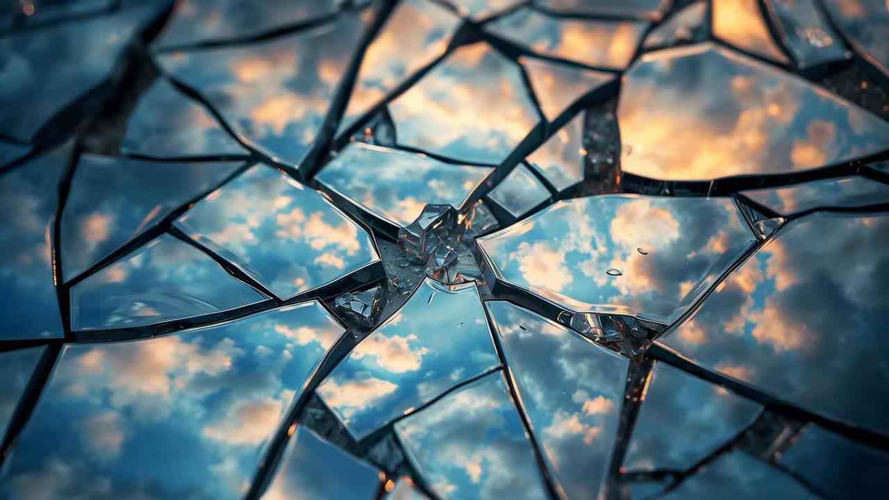 Zooming camera filming shattered glass facing sky, revealing radial impact point and clouds