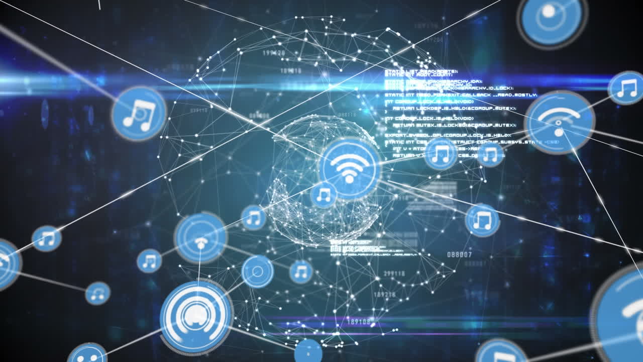 animación de la red de íconos digitales en todo el mundo de una red de conexiones y senderos de luz azul