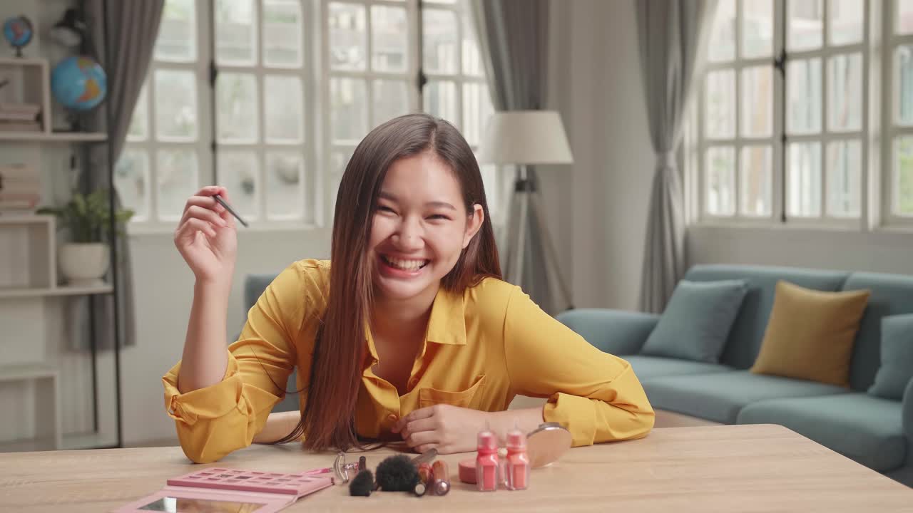 Funny Beauty Blogger Laugh And Smile, Makeup Tutorial Video At Home Studio