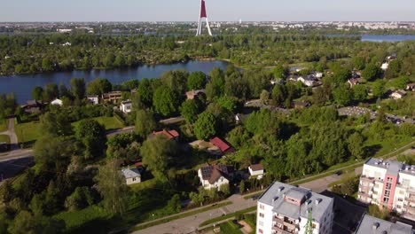 riga tv tower and suburbs, aerial panoramic view