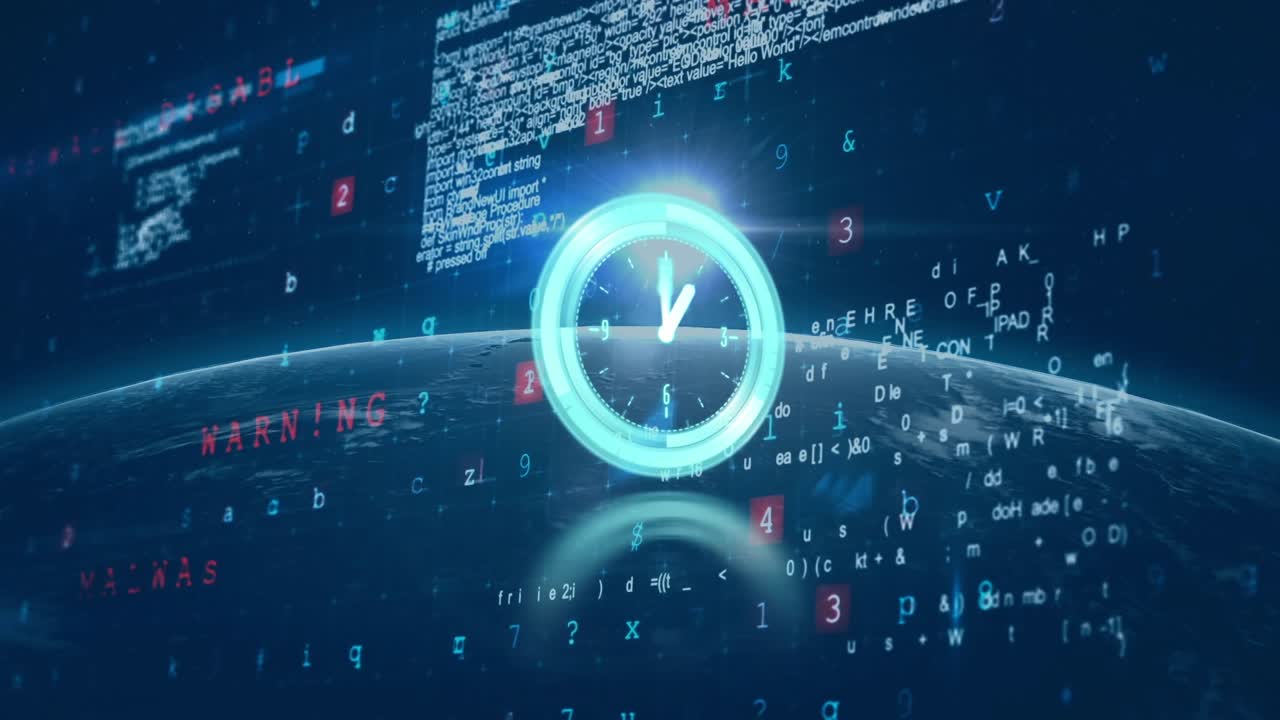 Animation of clock moving over globe, data processing and sun and navy background