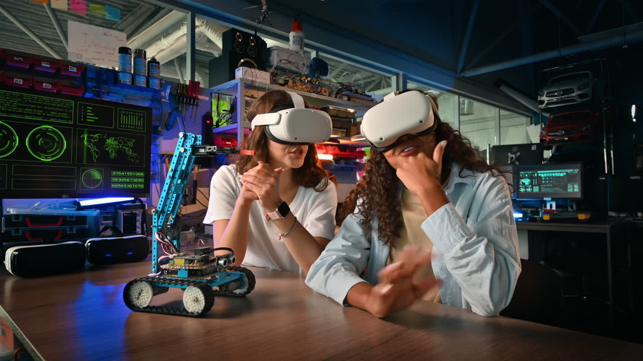 Kaksi nuorta naista VR-lasit päässä tekemässä robotiikkakokeiluja laboratoriossa. Puhuvat. Robotti pöydällä