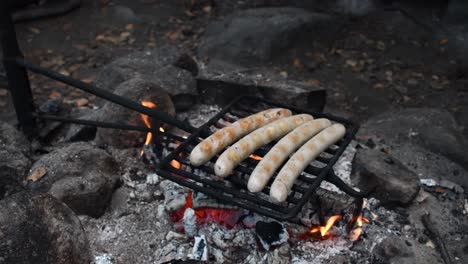 barbeque sausage bratwursts on grill net over open camp fire