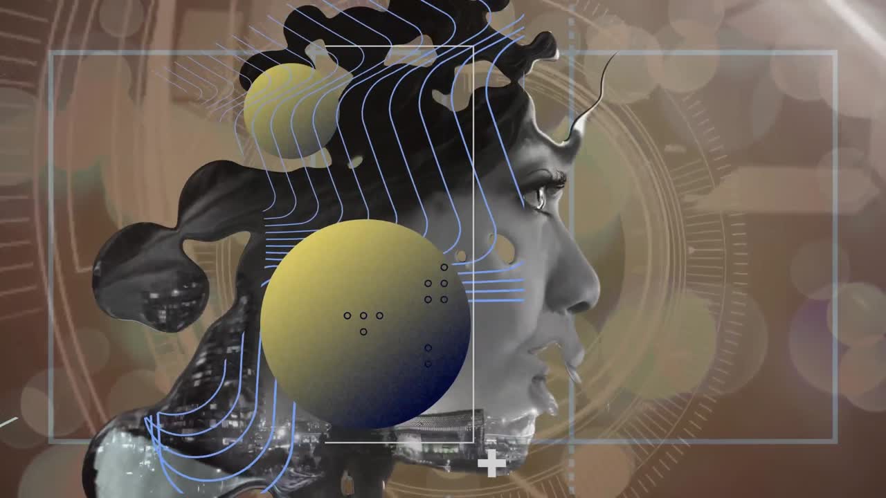 animación de globos red de conexiones sobre el rostro de la mujer