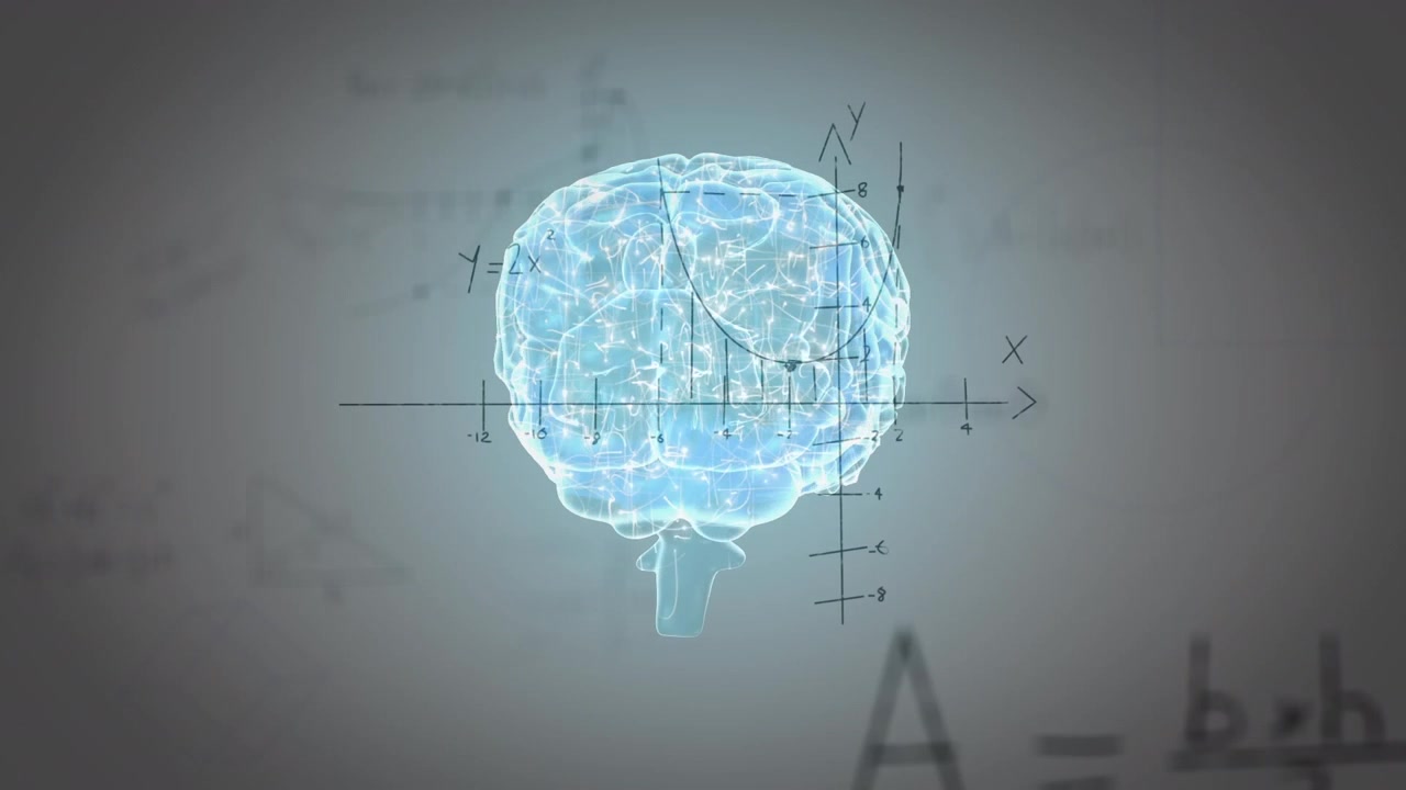 Animation of rotating brain and math formulas on grey background
