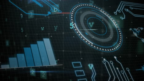 animación de escaneos de alcance, procesamiento de datos y advertencia de ataques cibernéticos a través de la cuadrícula azul