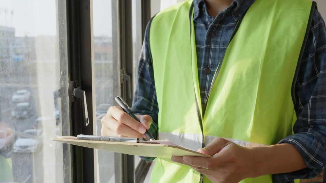 el contratista inspecciona la casa y el techo con referencia a las normas de construcción. los inspectores son las comprobaciones finales antes de la venta.