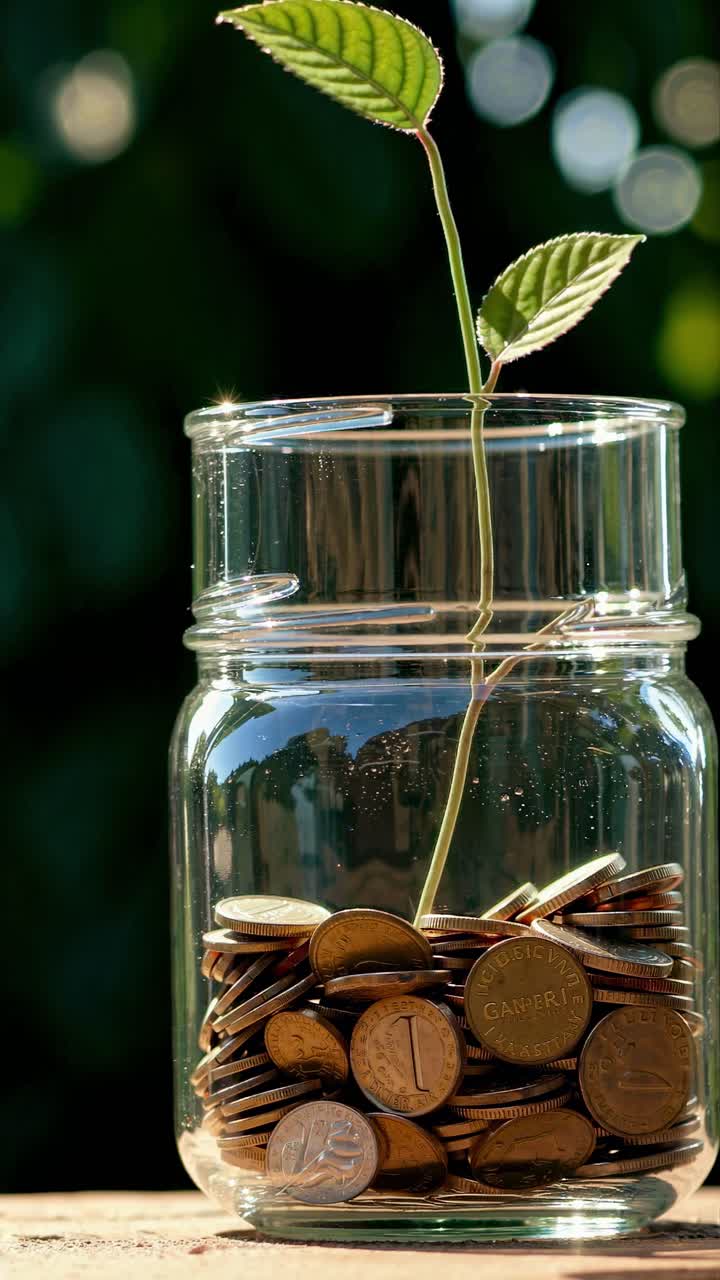 Close-up, eye-level shot of a jar filled with coins and a growing plant, symbolizing financial