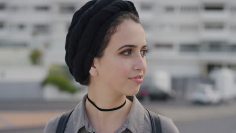 portrait cute young muslim girl looking pensive turns head smiling enjoying independent lifestyle in city