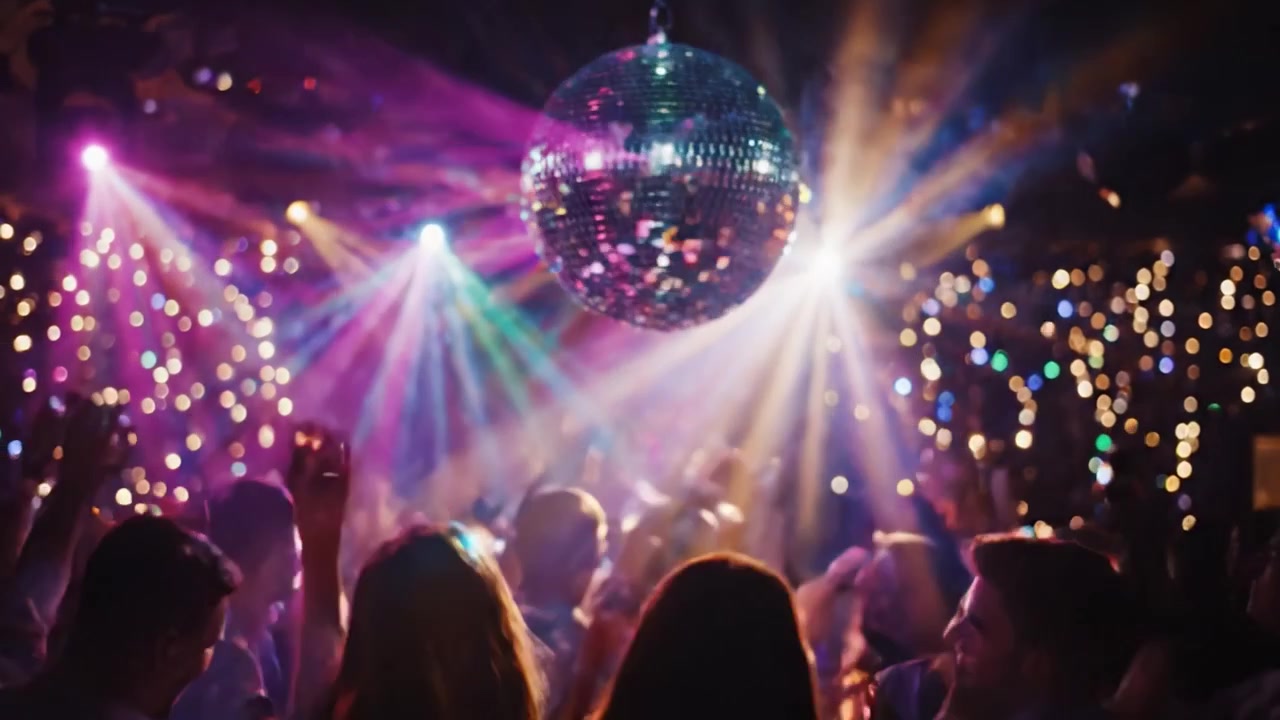 Una scintillante palla da discoteca gira sotto luci colorate, creando l'atmosfera perfetta per una festa da ballo energica, scintillante di colori riflessi e un'atmosfera gioiosa.