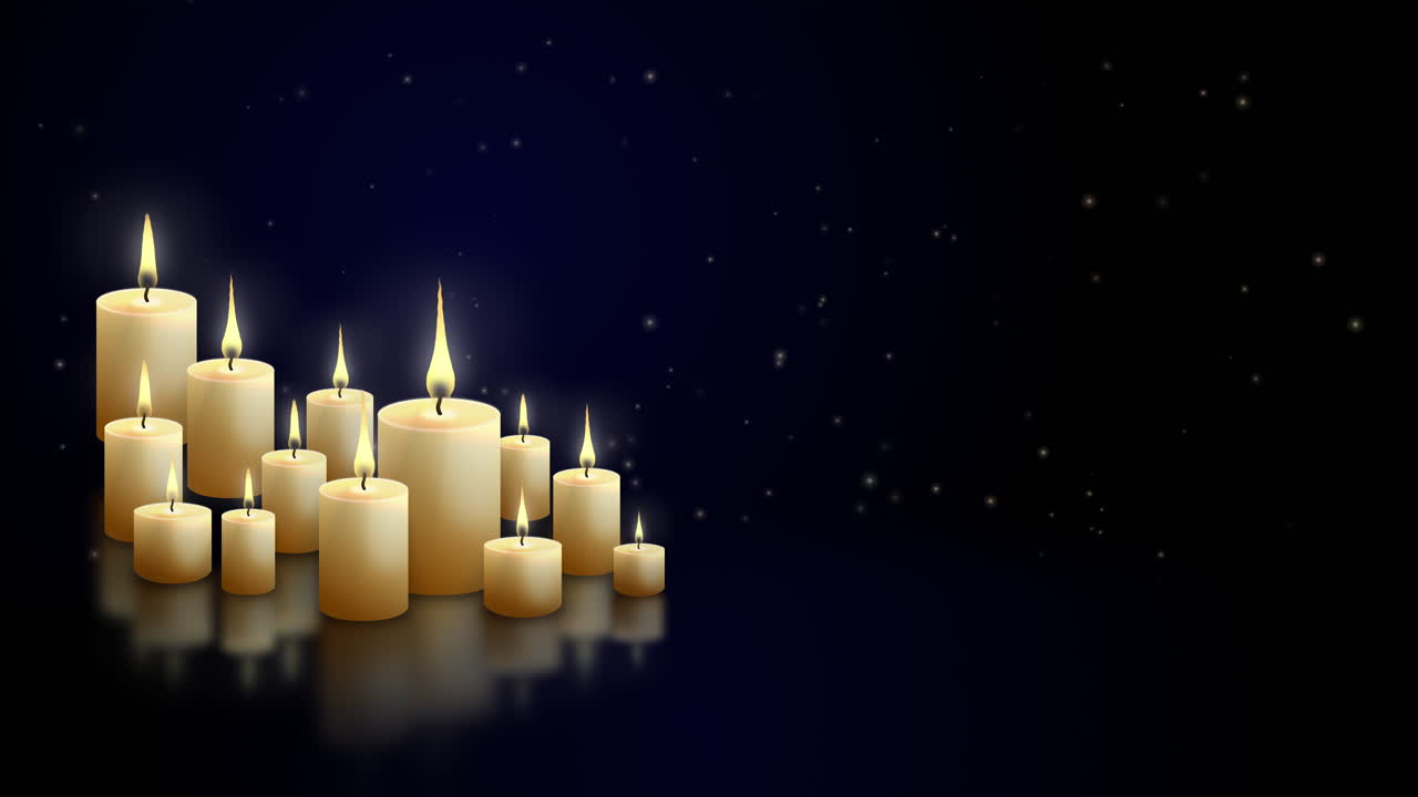 Group of different wax candles with flames burning on a dark blue background with small glowing blurred sparks. Looped holiday animation.