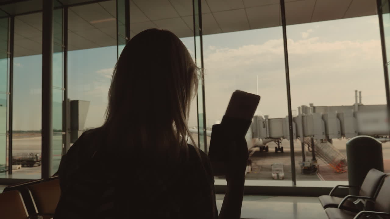 mujer alegre con documentos en la mano va a la ventana donde se puede ver un gran avión en anticipación