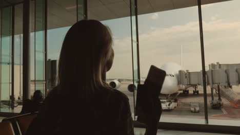 joyful woman with documents in hand goes to the window where you can see a large airliner in anticip