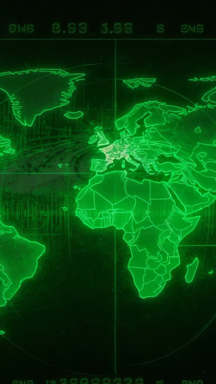 Vertical video: Initializing wireframe map flickering numeric HUD, pulsing grid lines in console