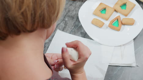 rear view of woman decorating cookies with icing from piping bag while other cookies are arranged on plate, showcasing the art of baking and cookie decoration in cozy kitchen setting