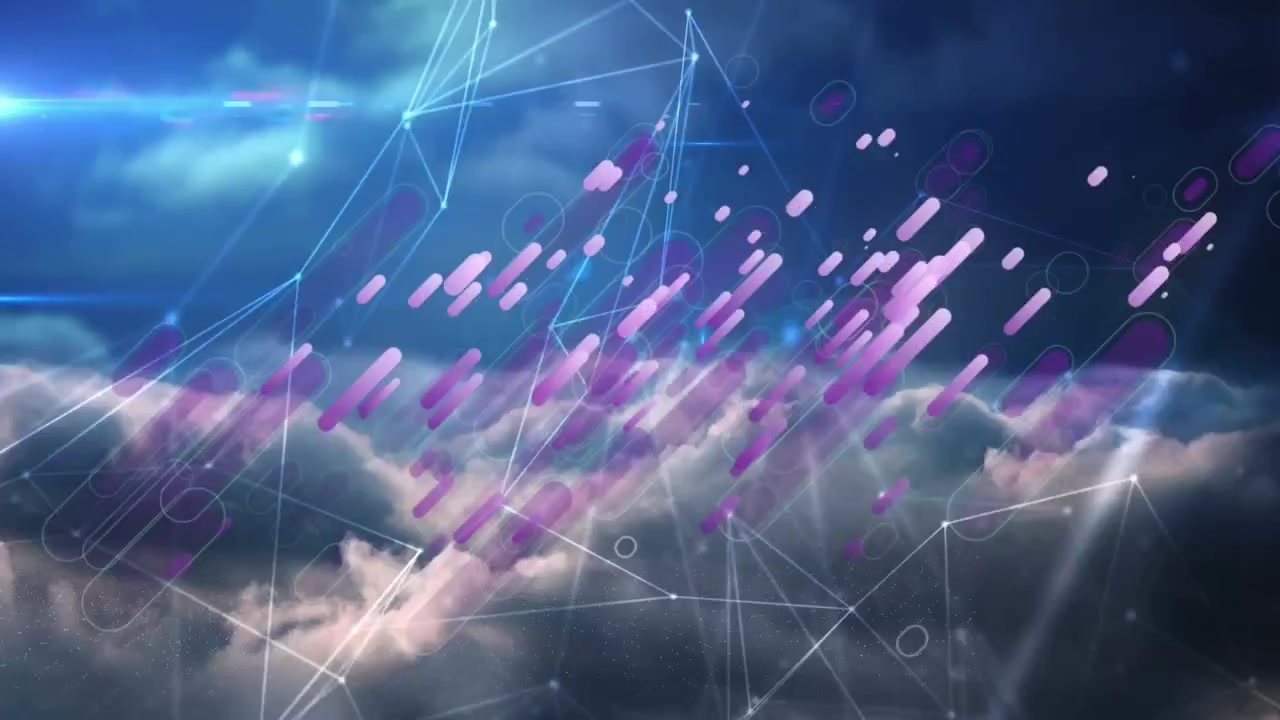 Animation af et netværk af forbindelser og lilla lysspor mod skyer på himlen.