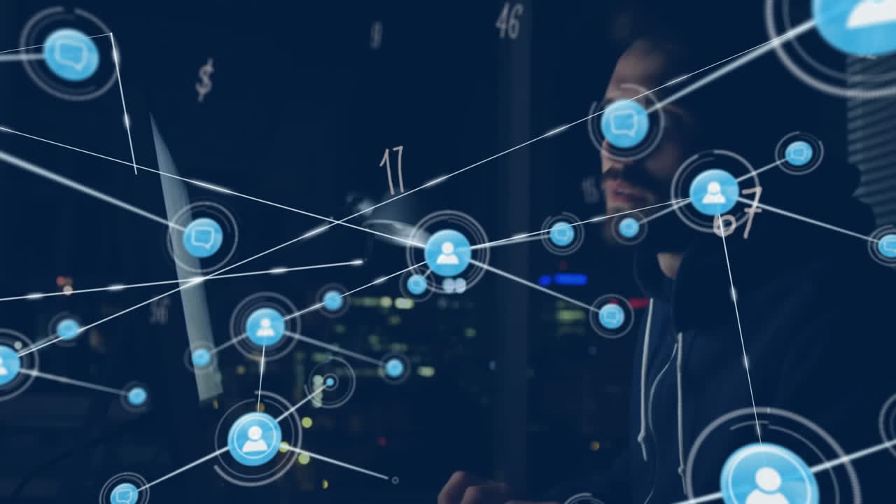 Animation of networks of connections and numbers over man using computer