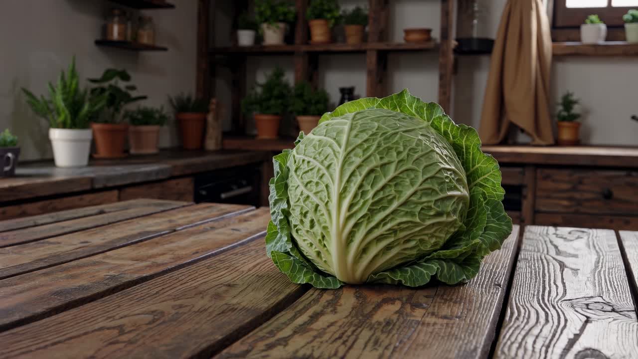 Rustic kitchen setting with a cabbage on a wooden table. Shot from a low angle, ideal for a cooking