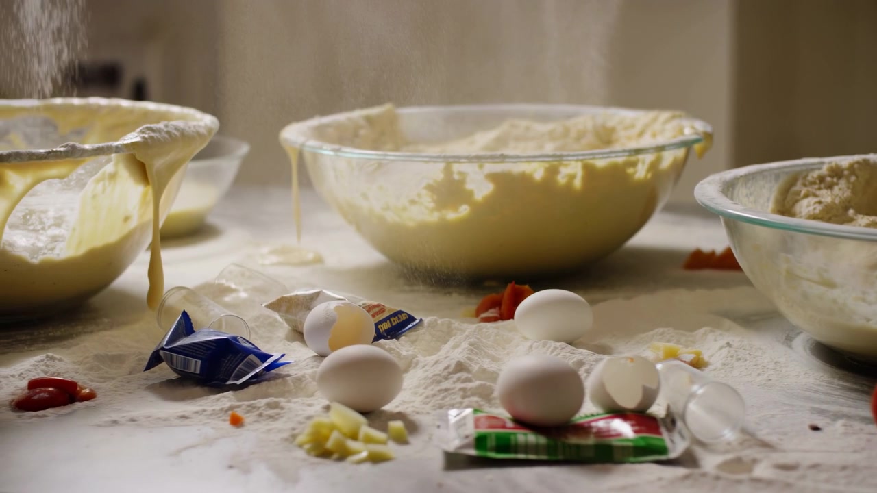 Bowl Dough Flour Dusting Eggs Sunlit Kitchen Countertop With Glass Mixing Bowls, Falling Flour Cloud,