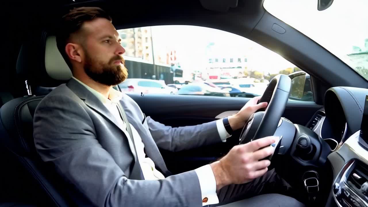 Young man in suit drives concentrated his car in the city.