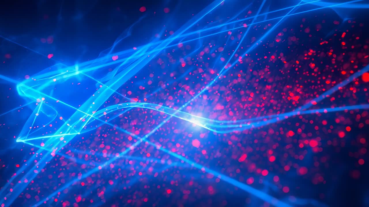 Entering blue streak pulsing from left, branching ribbons across void while red particles rising