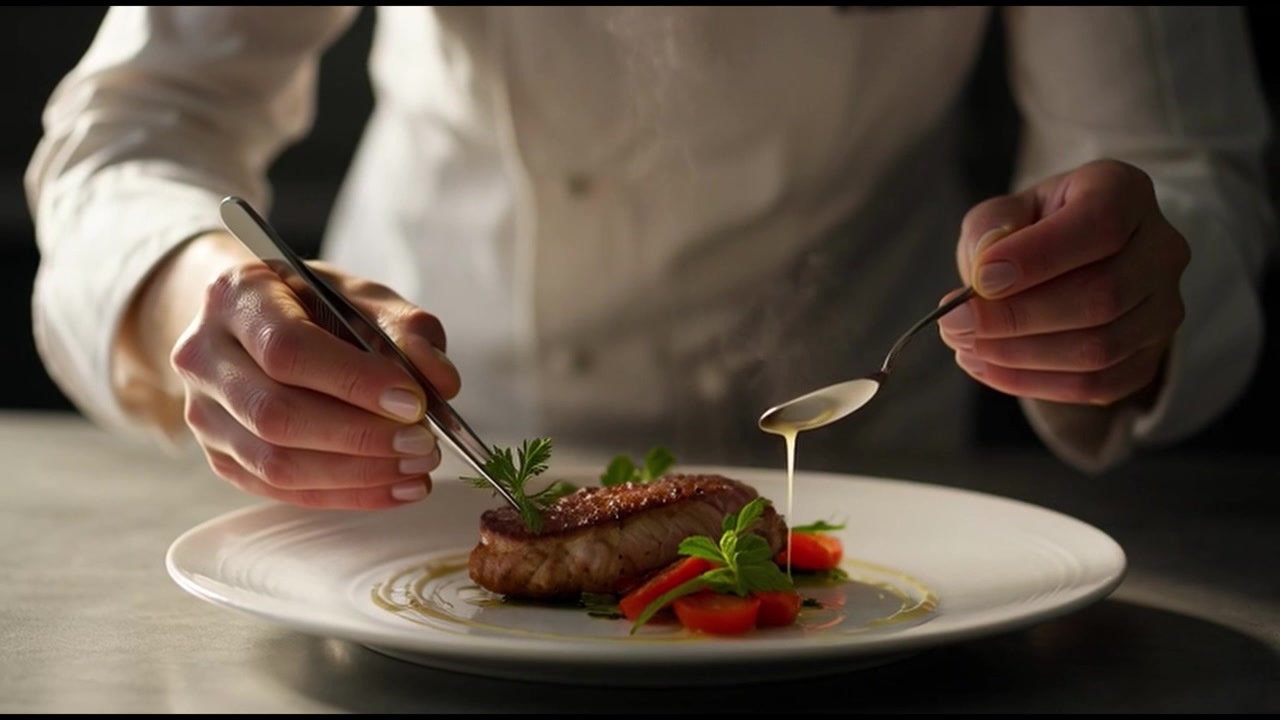 Professionel kok anretter gourmet bøfret i restaurantkøkken