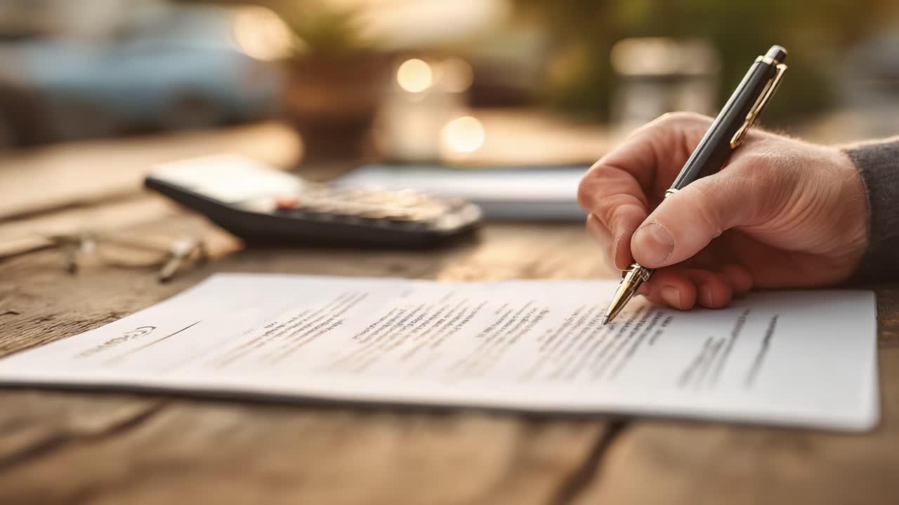 A Close-Up of a Hand Writing on Paper with a Pen, Showcasing the Focus on Important Document Signatures and Calculations in a Natural Setting