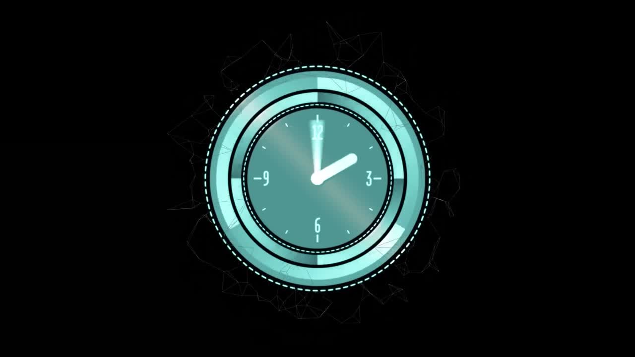 animación de la red móvil de conexiones y reloj sobre fondo negro