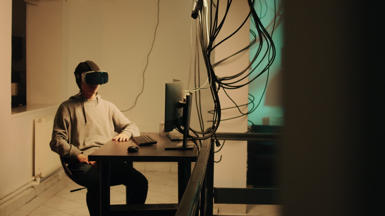 Persona che usa un visore VR a una scrivania con un computer