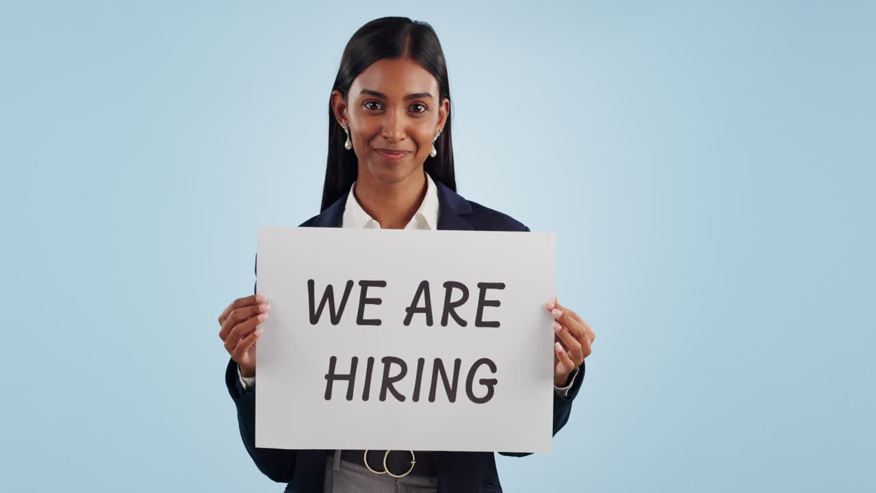 Business woman, studio and poster for we are