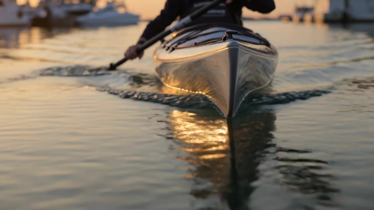 Kayaker con giubbotto di salvataggio che inizia la pagaiata spingendo un kayak da mare verso la telecamera in un porto turistico con pagaia.