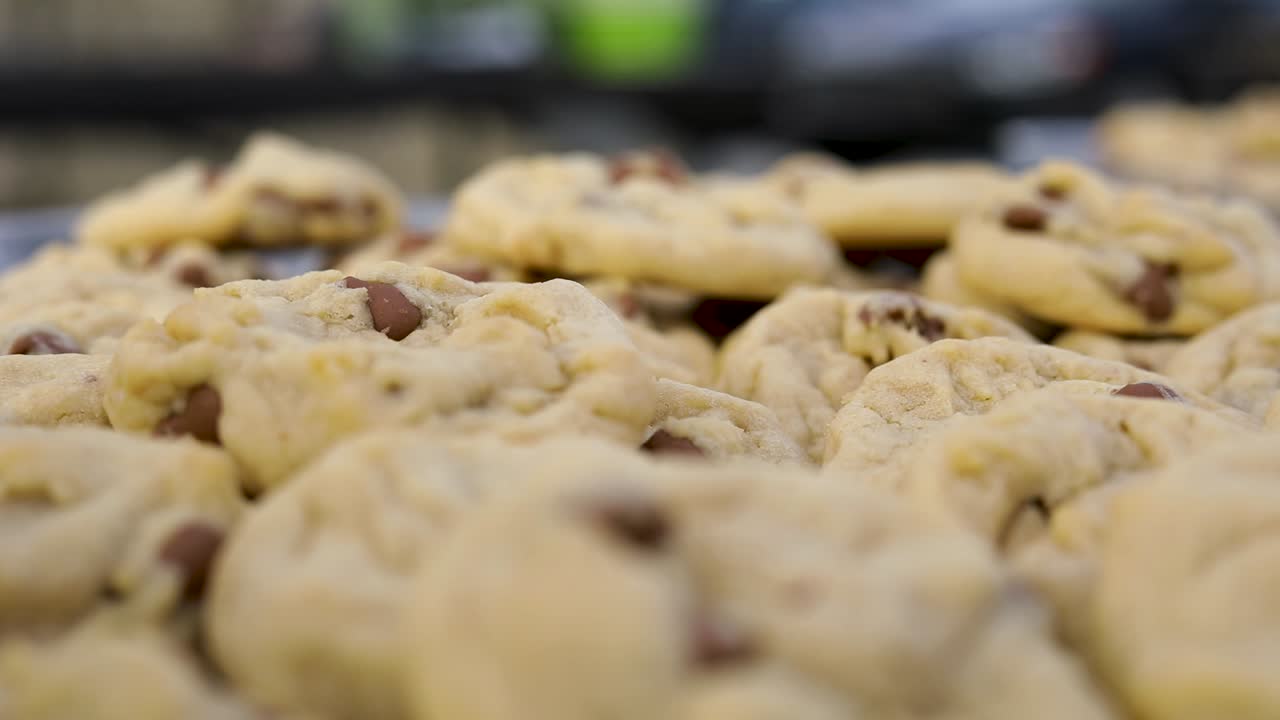 Rack Focus of Moist Delicious Chocolate Chip Cookies on Platter, Closeup