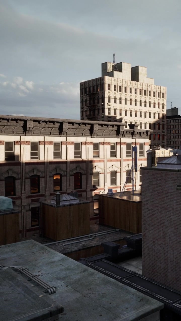Vista de telhados urbanos mostrando edifícios no horizonte da cidade durante um dia nublado.