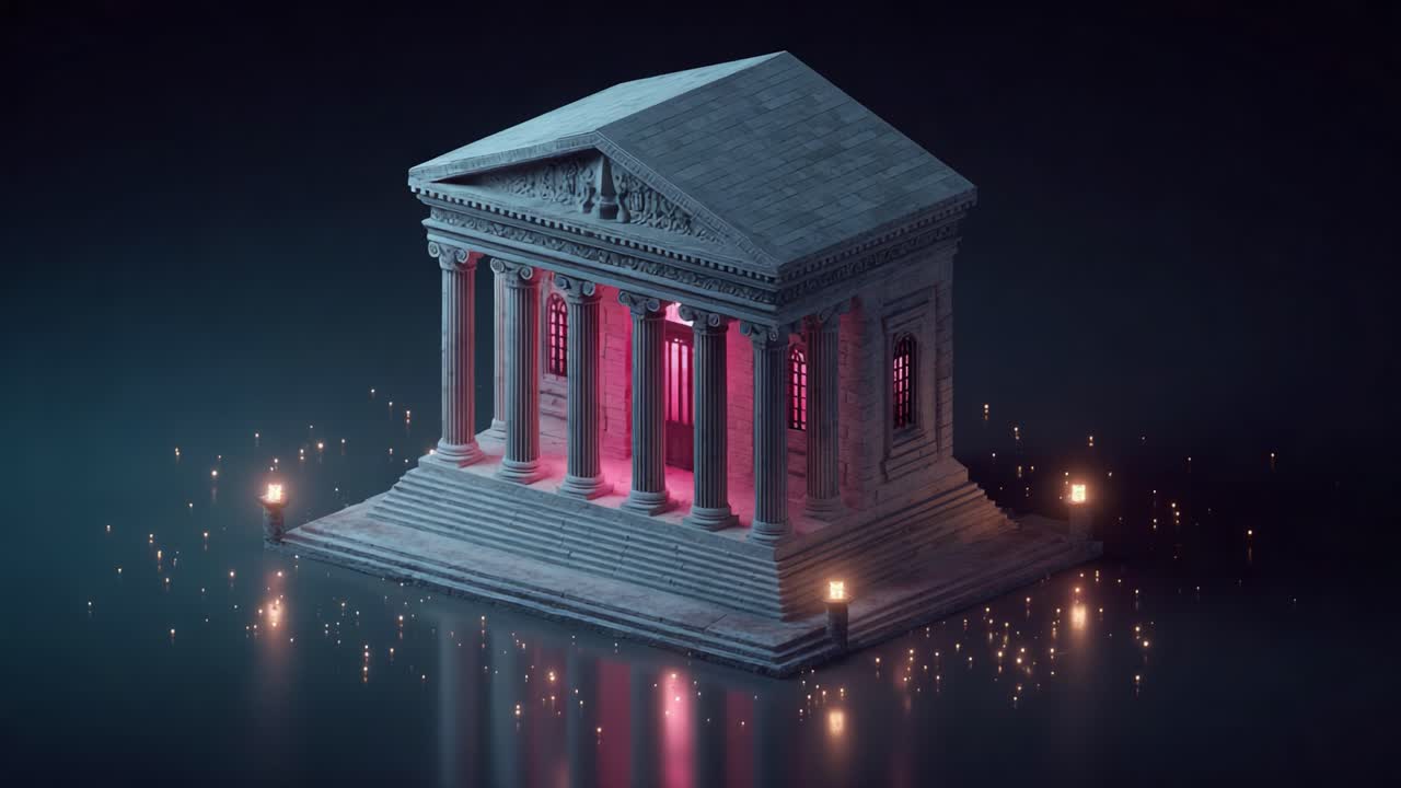 A Captivating 3D Visualization of an Elegant Classical Building, Featuring Stunning Neon Lighting Effects and Sparkling Elements That Create a Magical Atmosphere