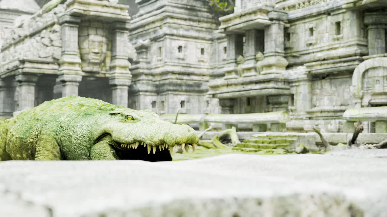 Crocodile near ancient ruins in a lush overgrown landscape during daylight