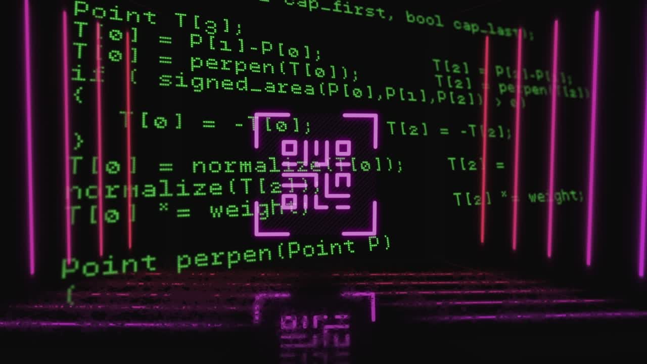 Einzigartiges digitales Video eines QR-Codes mit Computercode im Hintergrund.