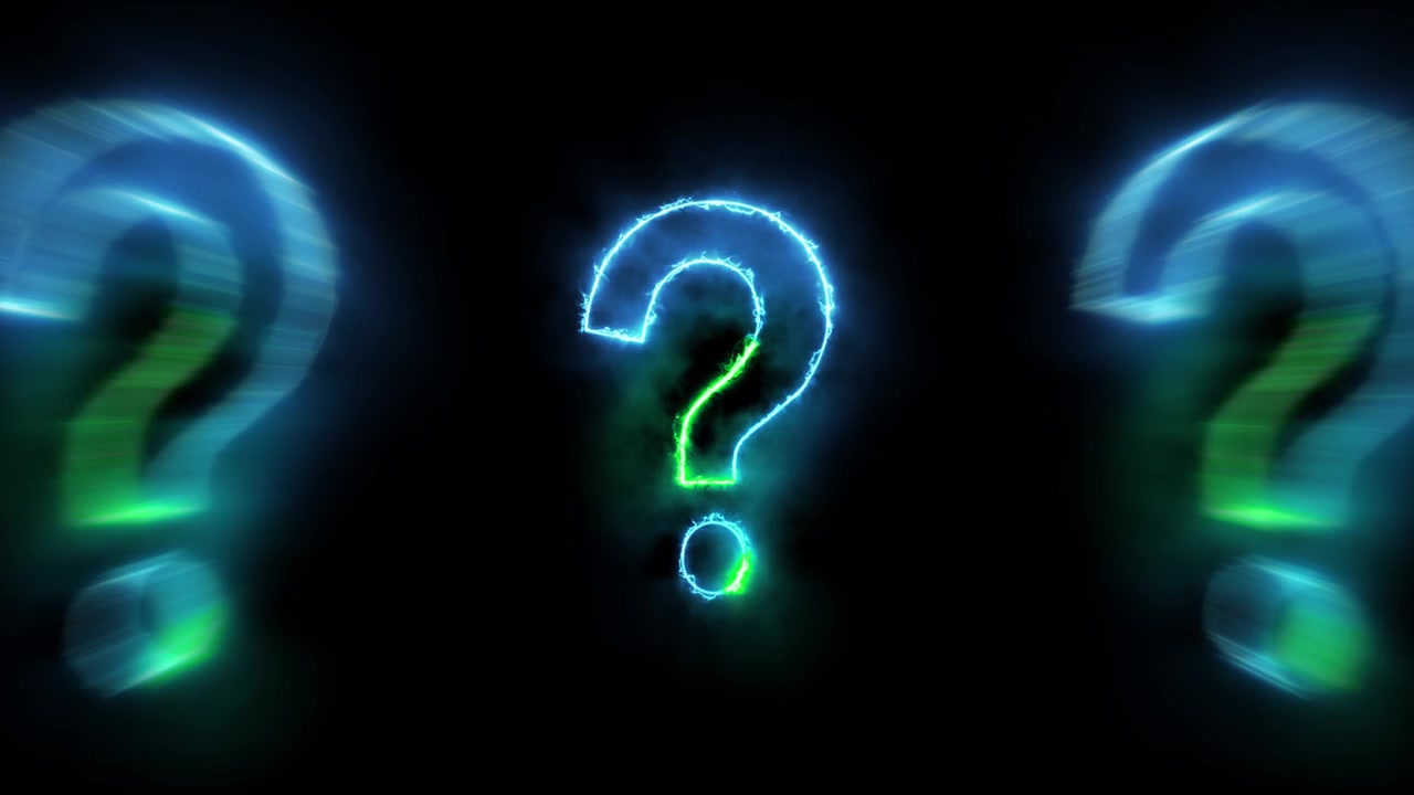 Sfondo misterioso con punti interrogativi luminosi, simboli neon blu e verdi e spazio nero fumoso.